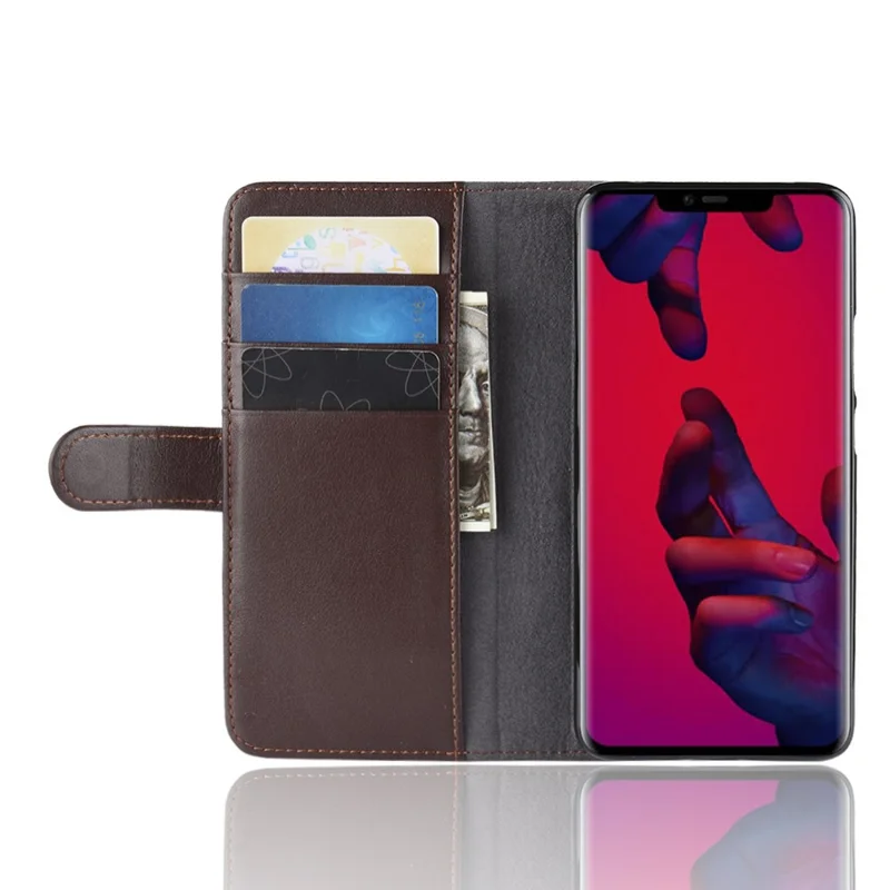 For Huawei Mate 20 Pro Phone Cases Genuine Split Leather Wallet Mobile Cover Stand - Brown