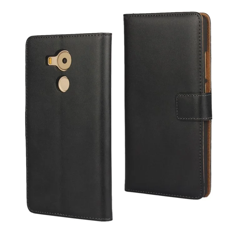 Genuine Split Leather Wallet Stand Phone Case for Huawei Mate 8 - Black