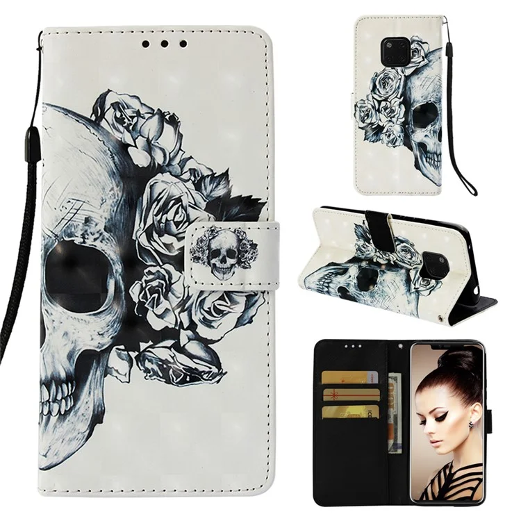 Motif Imprimer PU Leather Mobile Boîtier Pour Huawei Mate 20 Pro - Crâne et Rose