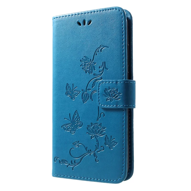 Imprint Butterfly Flowers Leather Stand Wallet Cell Phone Case for Huawei Honor 10 Lite - Blue