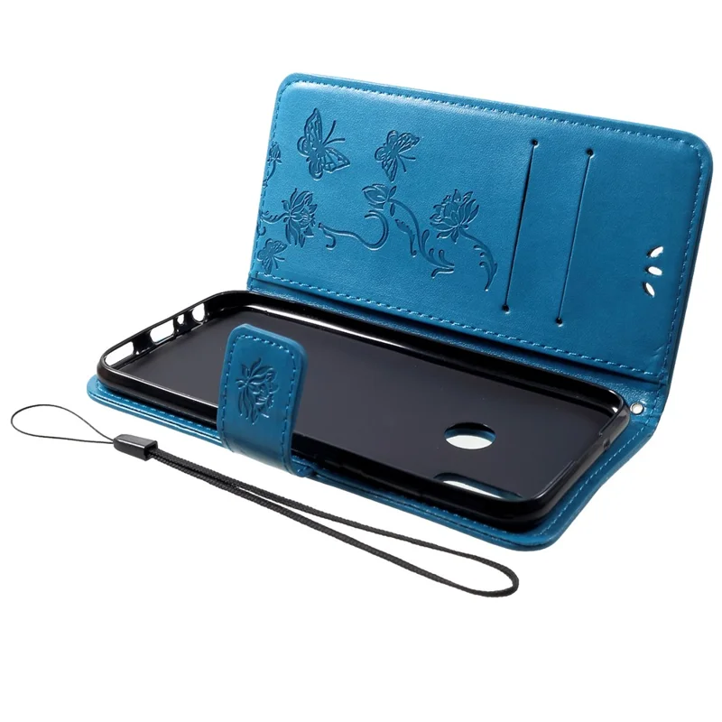Imprint Butterfly Flowers Leather Stand Wallet Cell Phone Case for Huawei Honor 10 Lite - Blue