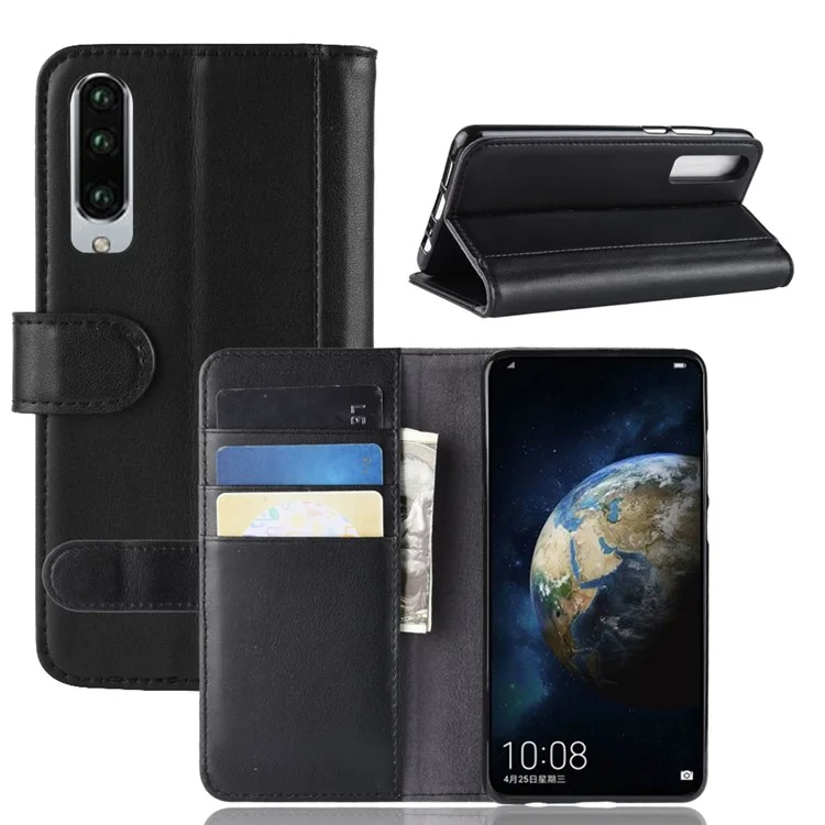 Carteira de Couro Rachado Genuíno com Suporte de Telefone para Huawei P30 - Preto