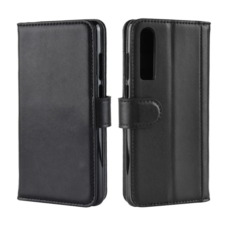 Carteira de Couro Rachado Genuíno com Suporte de Telefone para Huawei P30 - Preto