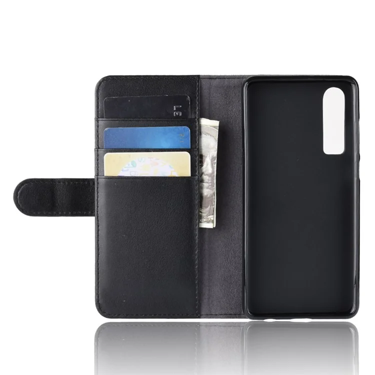 Carteira de Couro Rachado Genuíno com Suporte de Telefone para Huawei P30 - Preto