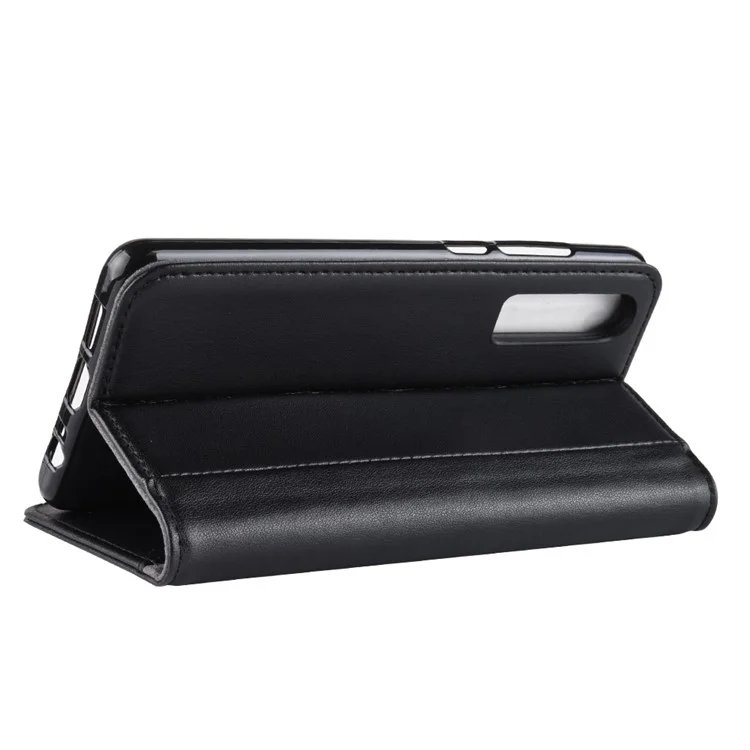 Carteira de Couro Rachado Genuíno com Suporte de Telefone para Huawei P30 - Preto