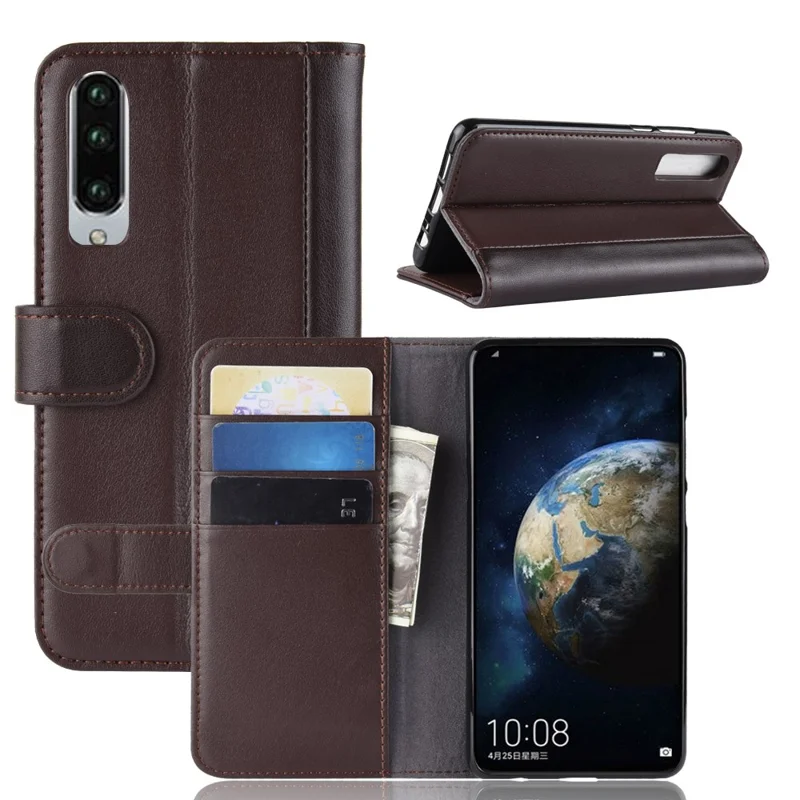 For Huawei P30 Phone Cases Genuine Split Leather Wallet Mobile Cover Stand - Brown