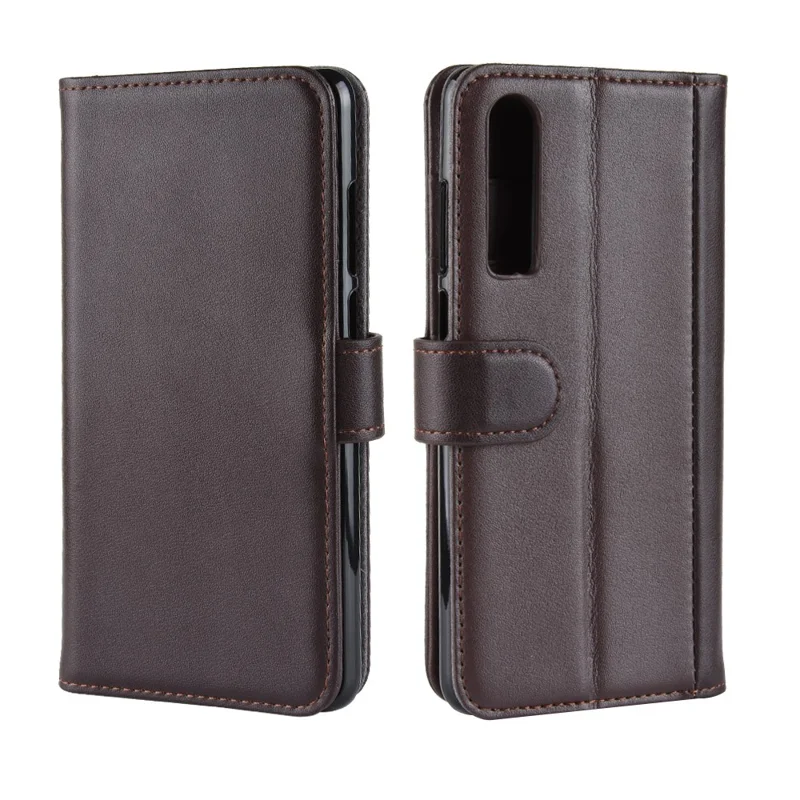 For Huawei P30 Phone Cases Genuine Split Leather Wallet Mobile Cover Stand - Brown