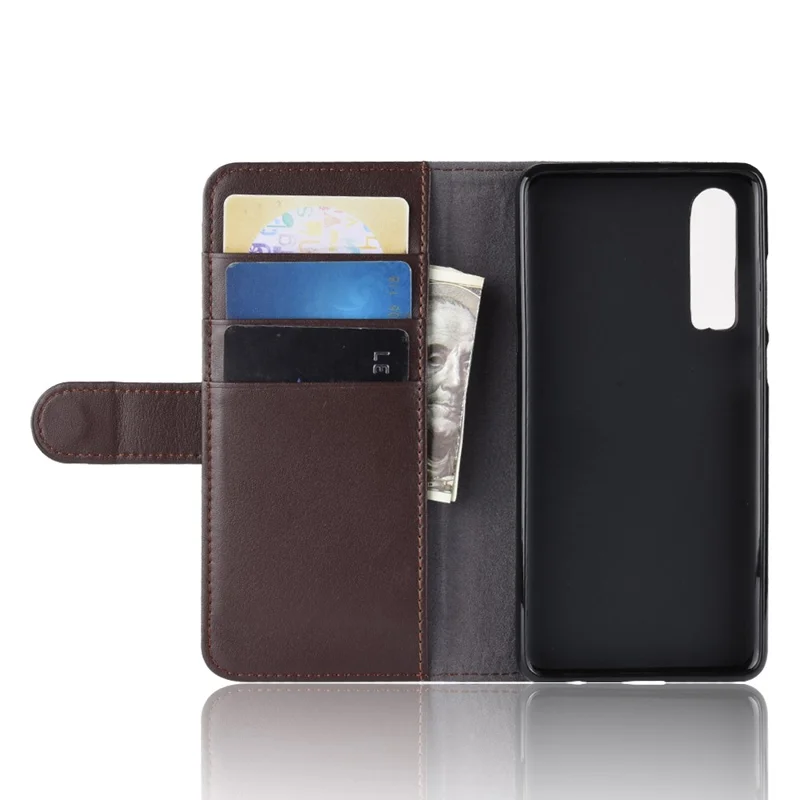 For Huawei P30 Phone Cases Genuine Split Leather Wallet Mobile Cover Stand - Brown