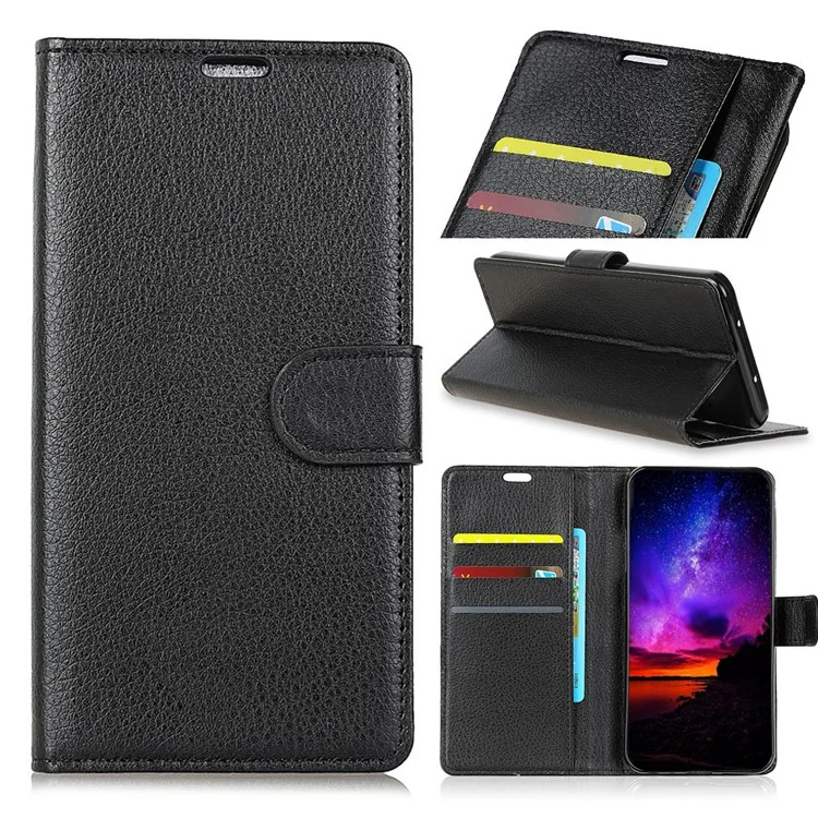 Cartera de piel de litchi Estuche de pie de piel para Huawei P30 Pro - Negro