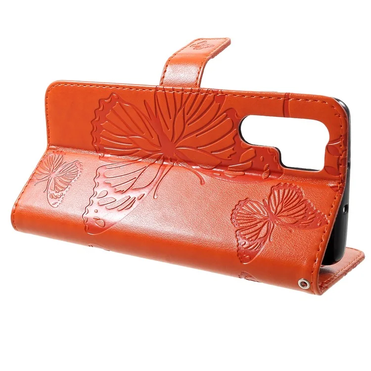 KT Imprinting Flower Series-2 Imprinted Butterfly Wallet Magnetic Stand Leather Cell Phone Shell for Huawei P30 Pro - Orange