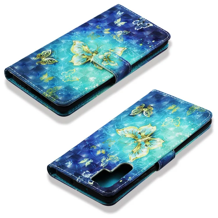 Pattern Printing Light Spot Decor Stand Leather Wallet Cover for Huawei P30 Pro - Gold and Blue Butterfly