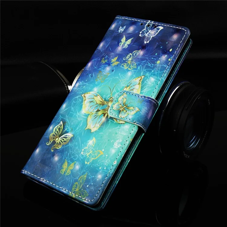 Pattern Printing Light Spot Decor Stand Leather Wallet Cover for Huawei P30 Pro - Gold and Blue Butterfly