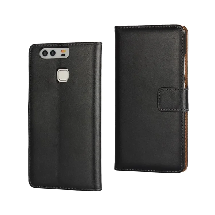 Genuine Split Leather Flip Case Cover for Huawei P9 - Black