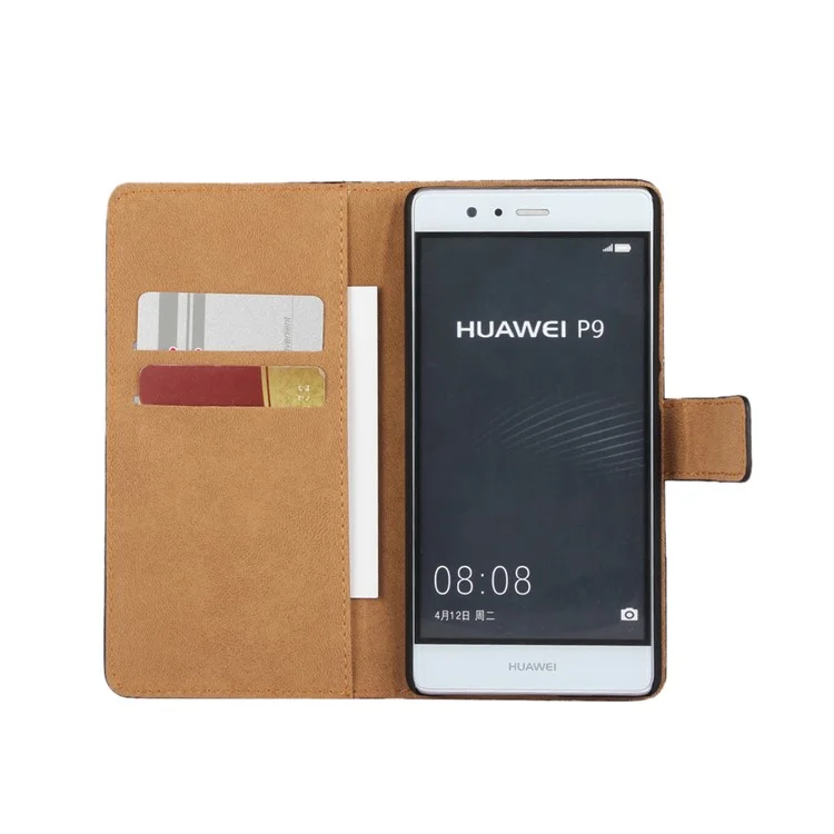 Genuine Split Leather Flip Case Cover for Huawei P9 - Black