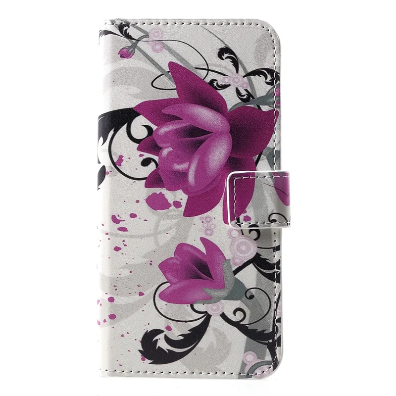 Patterned Card Holder Stand Leather Mobile Cover for Huawei P30 - Blossoming Purple Flowers