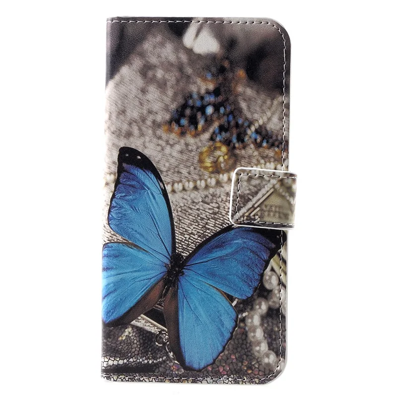 Patterned Card Holder Stand Leather Mobile Shell for Huawei P30 - Blue Butterfly