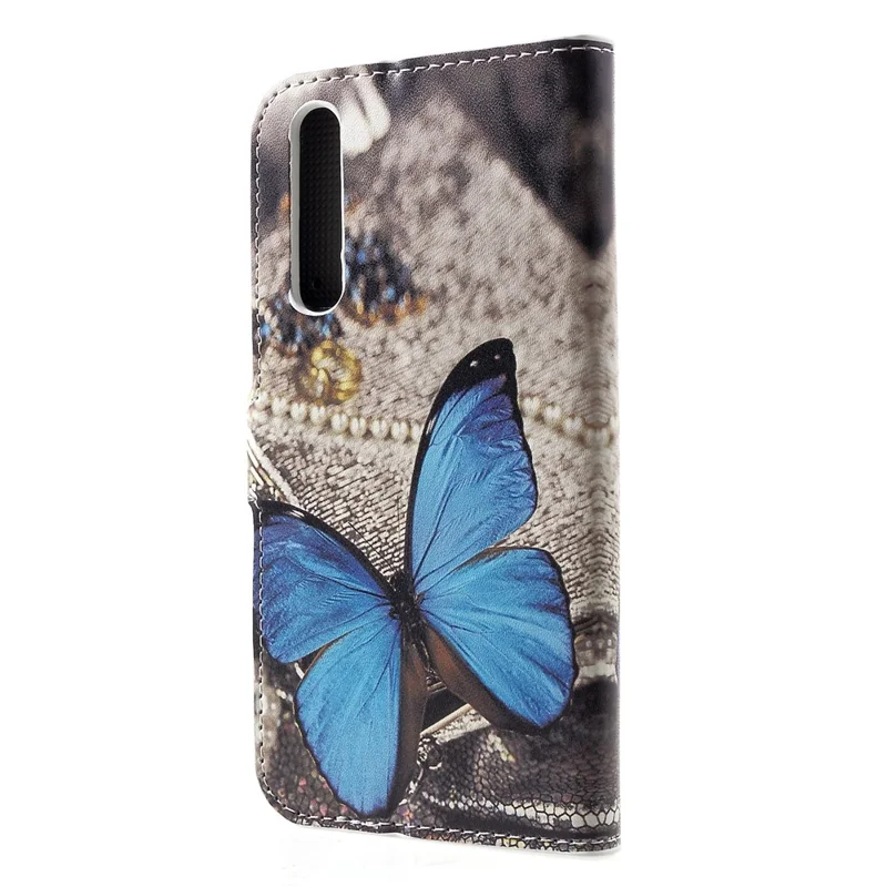 Patterned Card Holder Stand Leather Mobile Shell for Huawei P30 - Blue Butterfly