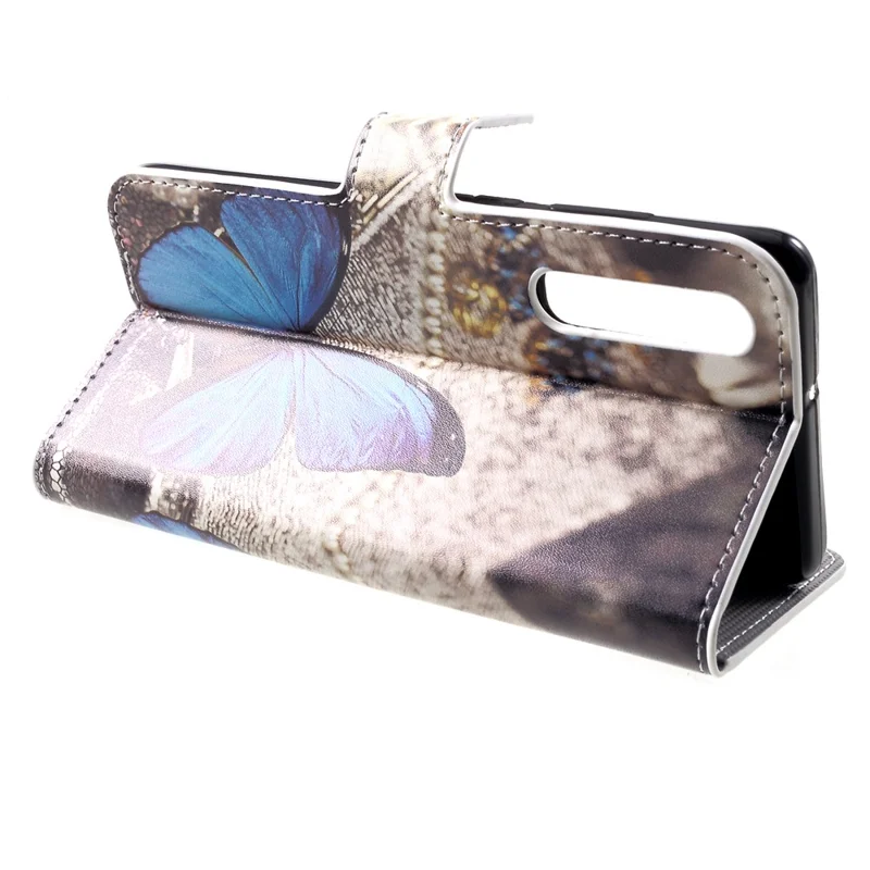 Patterned Card Holder Stand Leather Mobile Shell for Huawei P30 - Blue Butterfly