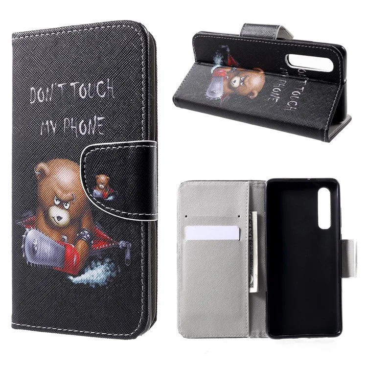 Cross Texture Pattern Printing Leather Wallet Case for Huawei P30 - Angry Bear and Warning