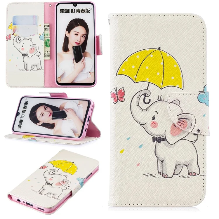 Modello Stampa PU Leather Follio Flip Custodia Per Huawei P Smart (2019) / Onore 10 Lite - Elefante Che Tiene un Ombrello