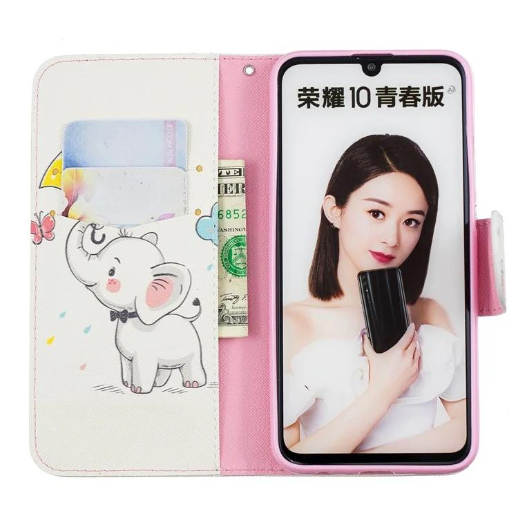 Modello Stampa PU Leather Follio Flip Custodia Per Huawei P Smart (2019) / Onore 10 Lite - Elefante Che Tiene un Ombrello