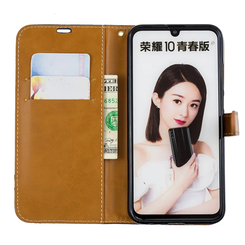 Two-tone Jean Cloth PU Leather Mobile Cover with Stand for Huawei P Smart (2019) / Honor 10 Lite - Dark Blue
