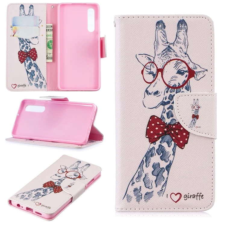 Pattern Printing PU Leather Flip Case for Huawei P30 - Giraffe Wearing Glasses