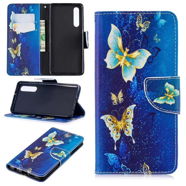 Custodia di Protezione in Pelle PU Stampa di Pattern Per Huawei P30 - Farfalle Blu