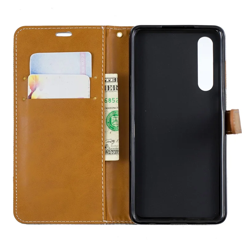 Two-tone Jean Cloth PU Leather Flip Mobile Phone Case for Huawei P30 - Grey