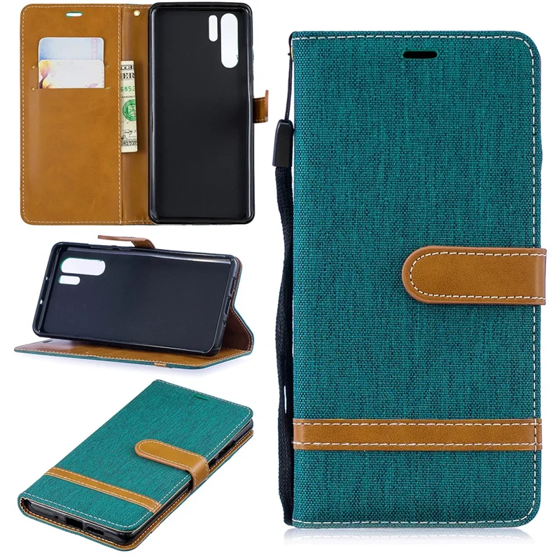Two-tone Jean Cloth PU Leather Flip Cell Phone Case for Huawei P30 Pro - Green