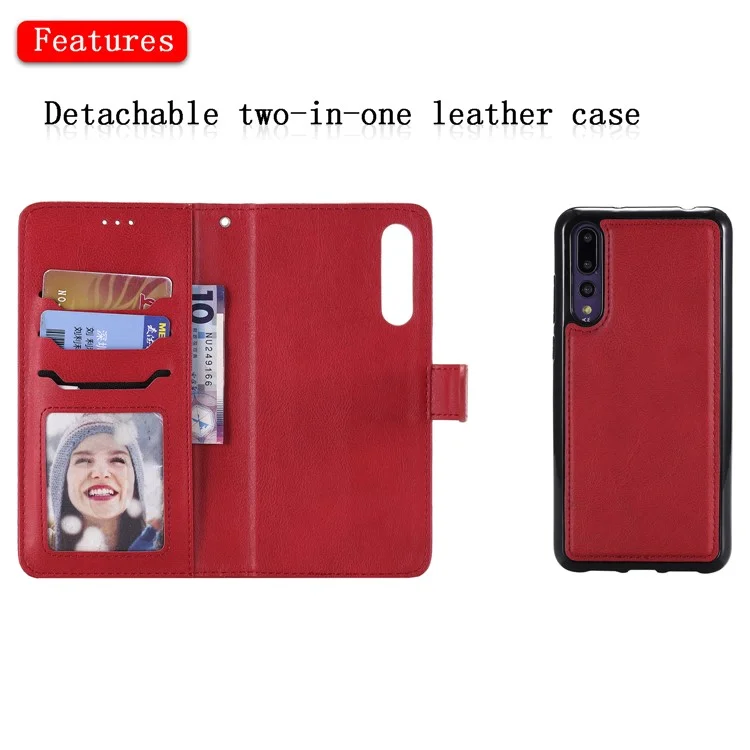 For Huawei P20 Pro Case 2 in 1 Detachable Magnetic Leather Wallet Mobile Cover with Strap - Red
