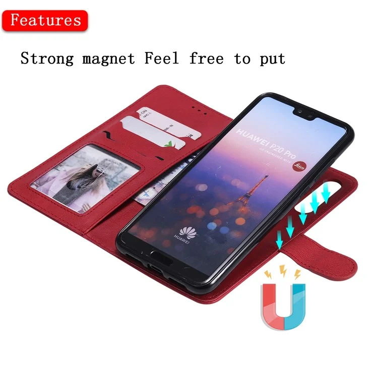 Cubierta de Teléfono de Cuero de Billetera 2-en-1 de Cuero Magnetic Kt-3 Para Huawei P20 Pro - Rojo