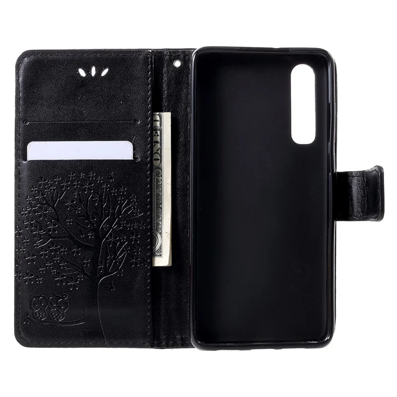 Imprint Tree Owl Pattern PU Leather Magnetic Shell for Huawei P30 - Black