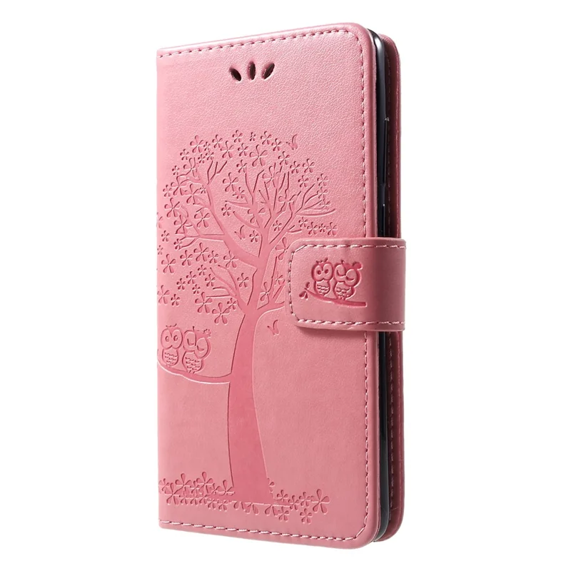 Imprint Tree Owl Pattern [Stand Wallet] Leather Flip Case for Huawei P30 - Rose Gold