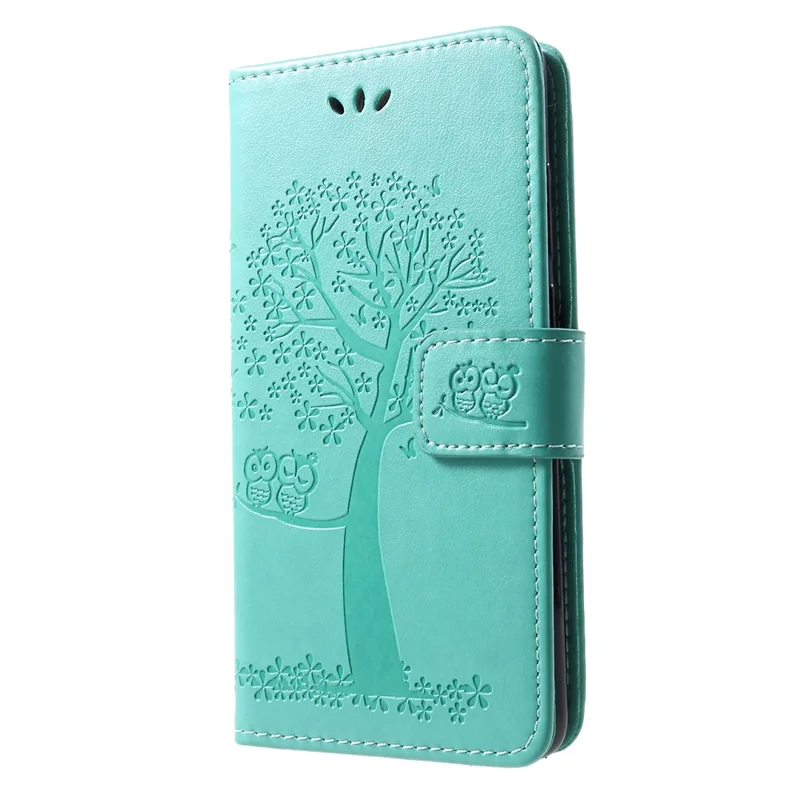 Imprint Tree Owl Pattern [Stand Wallet] Leather Flip Cover for Huawei P30 - Cyan