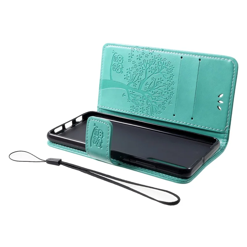 Imprint Tree Owl Pattern [Stand Wallet] Leather Flip Cover for Huawei P30 - Cyan