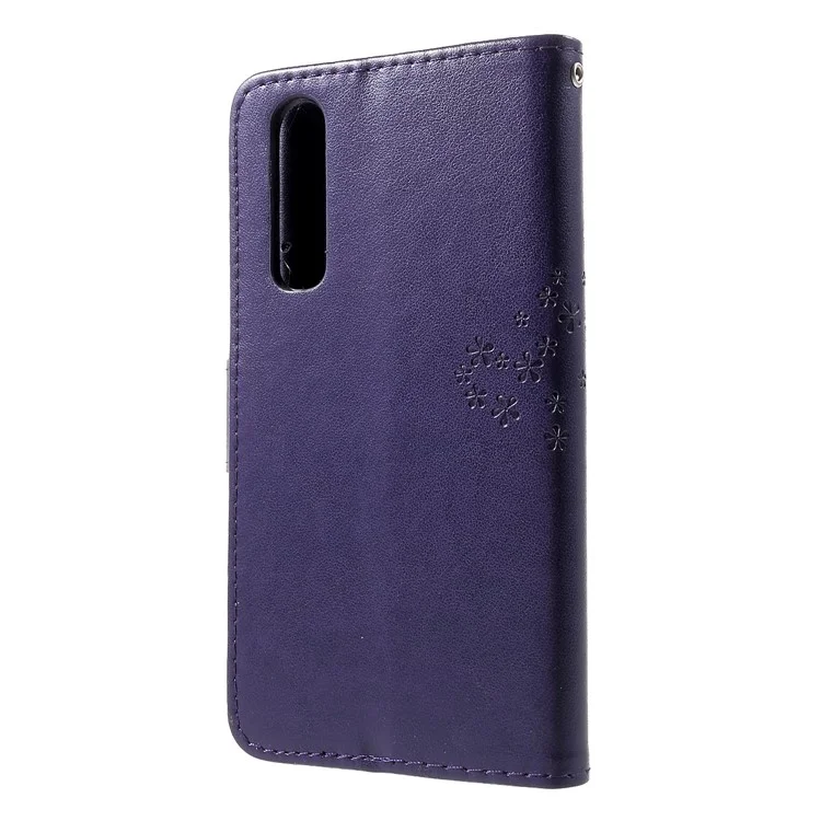 Custodia in pelle PU con stampa a forma di gufo su albero per Huawei P30 - Viola scuro