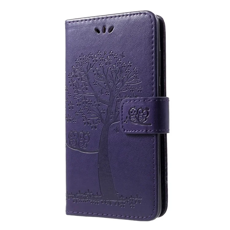 Custodia in pelle PU con stampa a forma di gufo su albero per Huawei P30 - Viola scuro