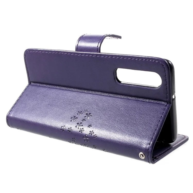 Custodia in pelle PU con stampa a forma di gufo su albero per Huawei P30 - Viola scuro
