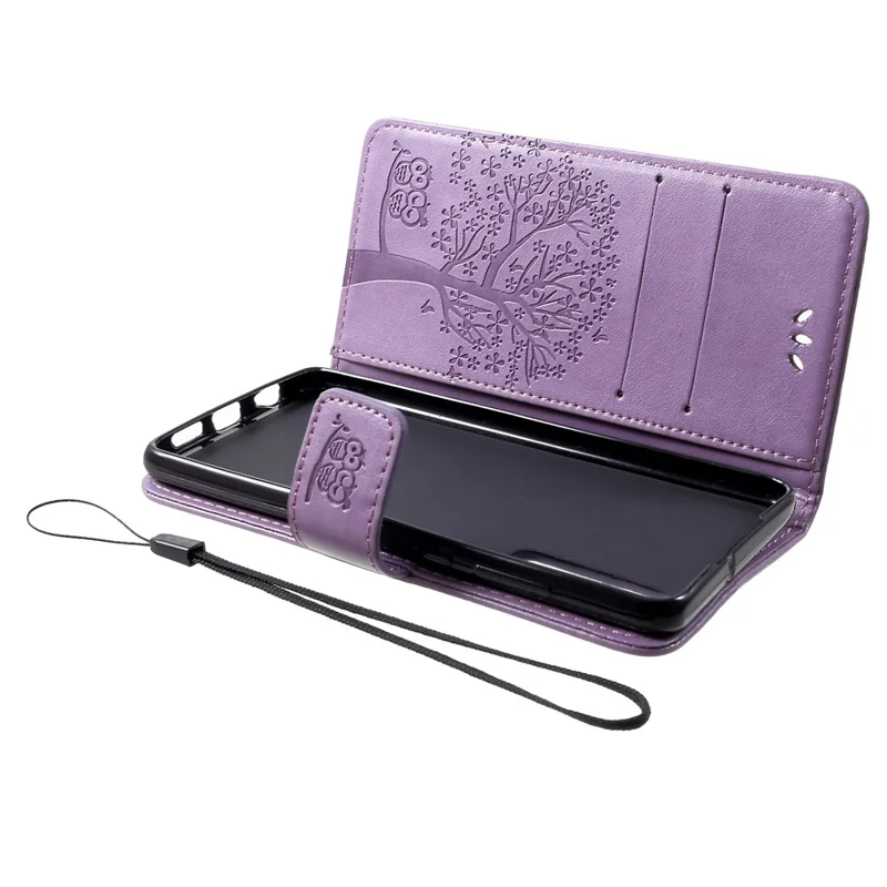 Imprint Tree Owl Pattern PU Leather Card Holder Mobile Cover Shell for Huawei P30 - Light Purple