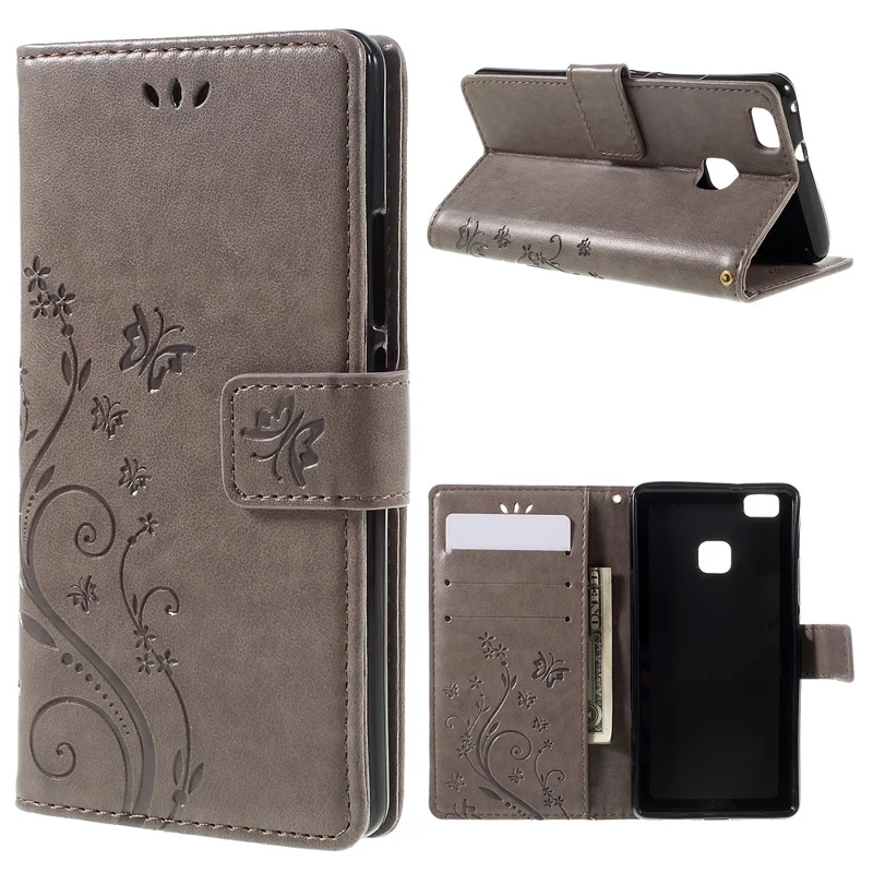 Butterfly Wallet Stand Leather Cover for Huawei P9 Lite - Grey