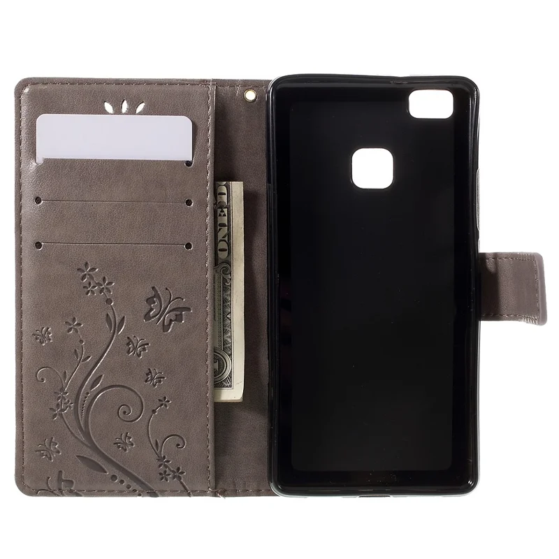 Butterfly Wallet Stand Leather Cover for Huawei P9 Lite - Grey