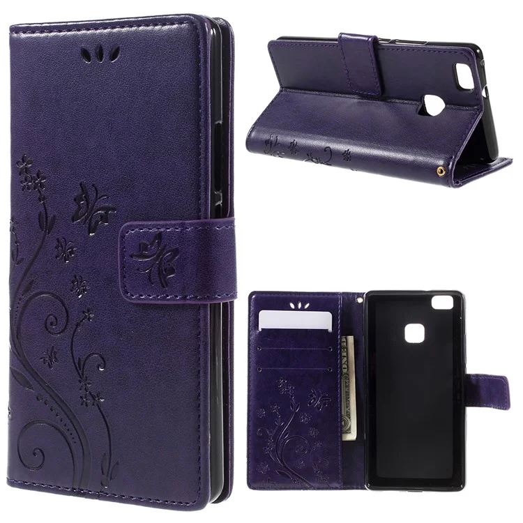 Butterfly Stand Leather Phone Case for Huawei P9 Lite - Purple