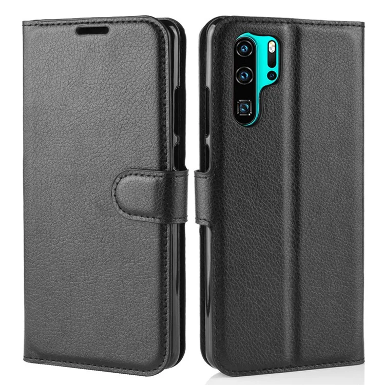 Litchi Textur Wallet Leder -mobiltelefonabdeckung Für Huawei P30 Pro -stand Telefonzubehör - Schwarz