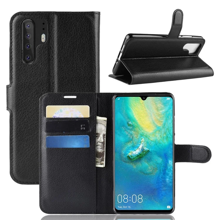 Litchi Texture Wallet Cover de Celular de Couro Para Huawei P30 Pro Stand Phone Acessório - Preto