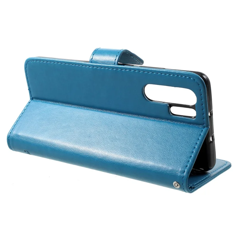 Imprint Butterfly Flower Wallet Stand Leather Accessory Case for Huawei P30 Pro - Blue