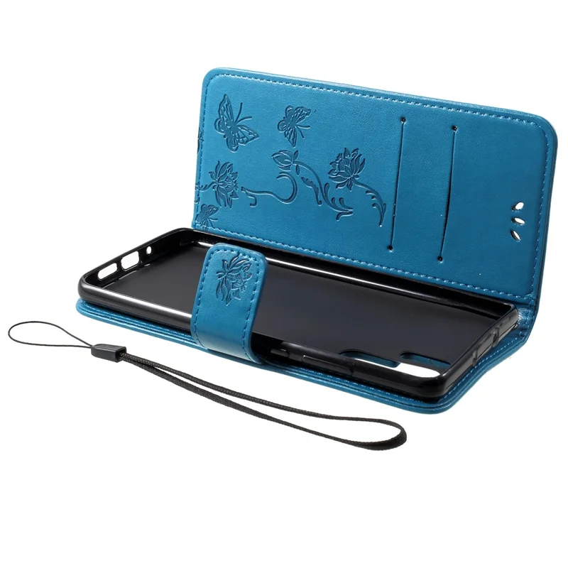 Imprint Butterfly Flower Wallet Stand Leather Accessory Case for Huawei P30 Pro - Blue