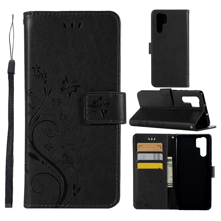 Imprint Butterfly Flower Stand Leather Wallet Casing for Huawei P30 Pro - Black