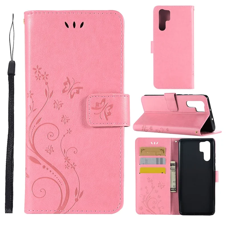 Imprint Butterfly Flower Stand Leather Wallet Shell for Huawei P30 Pro - Pink