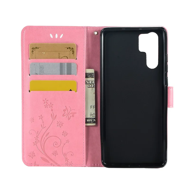 Imprint Butterfly Flower Stand Leather Wallet Shell for Huawei P30 Pro - Pink